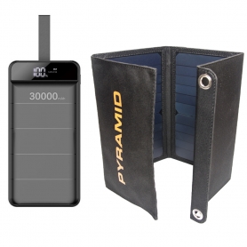 Kit camping si pescuit PYRAMID®, compus din Panou solar pliabil 20W cu 2 USB si Power Bank 30000 mAh cu 3 x USB, negru