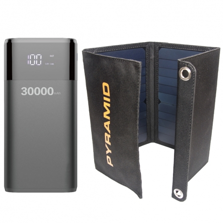 Kit camping si pescuit PYRAMID®, compus din Panou solar pliabil 20W cu 2 USB si Power Bank 30000 mAh cu 4 x USB, KIT-PWB4PS-20