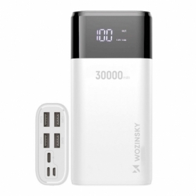 Acumulator extern portabil  30.000mAh, Wozinsky power bank  4 x USB cu afisaj LCD 3 A alb  HRT-89901