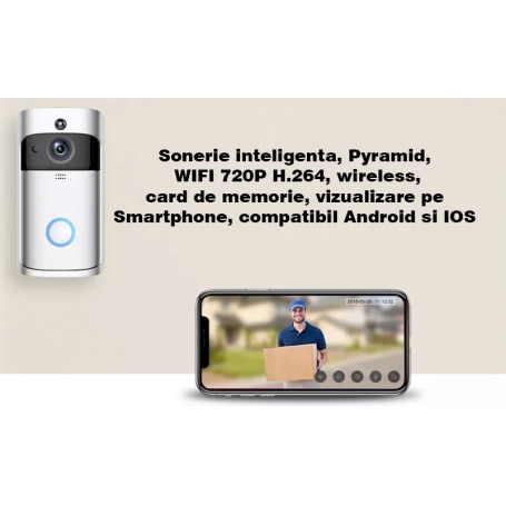 Sonerie inteligenta, Pyramid, WIFI 720P H.264, wireless, acumulatori  inclusi, compatibil Smartphone Android, IOS, SON101