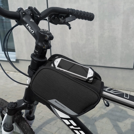 Geanta pentru bicicleta, Wozinsky, 20x15x12cm, montare cadru, 1.5L, impermeabila, suport telefon, negru, BK12