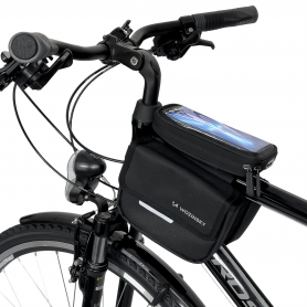 Geanta pentru bicicleta, Wozinsky, 16.x16x19x4cm, montare cadru, 1.5L, suport telefon, impermeabila, negru, BK23