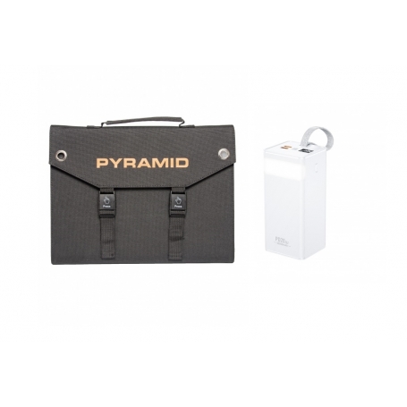 Kit camping si pescuit PYRAMID®, compus din Panou Solar 30W cu 3 porturi USB si Baterie externa PYRAMID® 50.000 mAh, 22.5W