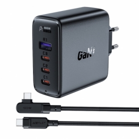 Acefast incarcator rapid GaN 3xUSB-C/1xUSB-A 100W negru + cablu unghiular USB-C - USB-C 100W 2m negru