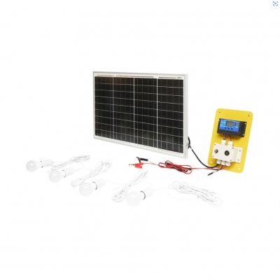 Set panou solar 50W fotovoltaic monocristalin regulator 10A 2xUSB 12/24V 4 becuri LED 9W, PY87496