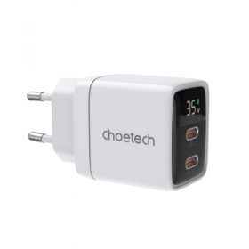 Incarcator de retea Choetech cu afisaj  2x USB-C PD 35W GaN, alb, HRT-155743