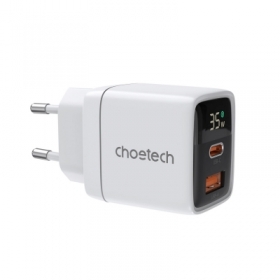 Incarcator de retea Choetech  USB-C USB-A PD 35W  cu afisaj , alb, HRT-155744