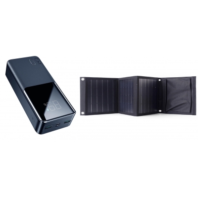 Kit camping, pescuit, vacanta Pyramid, compus din panou solar pliabil 20W cu 2 USB si Power Bank 30000 mAh cu 3 x USB