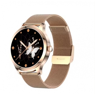 Smartwatch, apel bluetooth 1.32 inch, ritm cardiac, activitati fizice, notificari, apeluri, curea metalica roz aurie