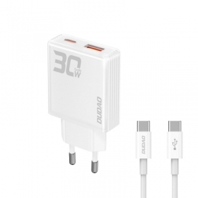 Incarcator 230V  GaN Dudao A30EUT 30W USB-A / USB-C + cablu USB-C - USB-C - alb