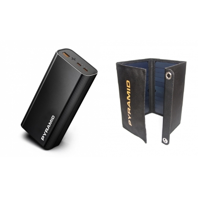 Kit camping, situatii de urgenta, pescuit,  Pyramid, batierie 30000 mAh, PD 65W,  2 X USB-C, 1 X USB-A QC si panou solar 20W