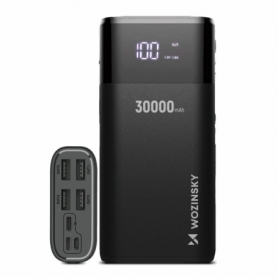Acumulator extern, Wozinsky power bank 30000mAh 4 x USB cu afisaj LCD 3A negru, HRT-63461