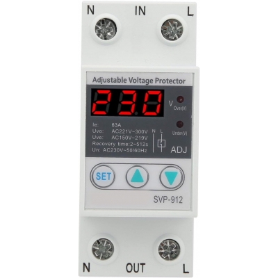 Releu monofazic protectie tensiune programabil, Sinotimer, 63A, ecran digital LED, recuperare automata, SVP-912-63A