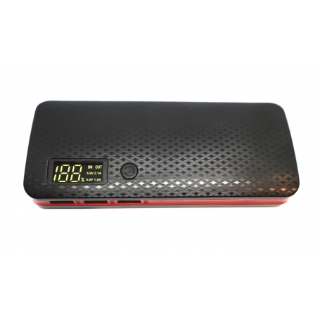 Carcasa pentru Power Bank cu 5 baterii acumulator tip 18650 , cu  3 porturi USB, display LCD si  lanterna cu un led - negru/rosu